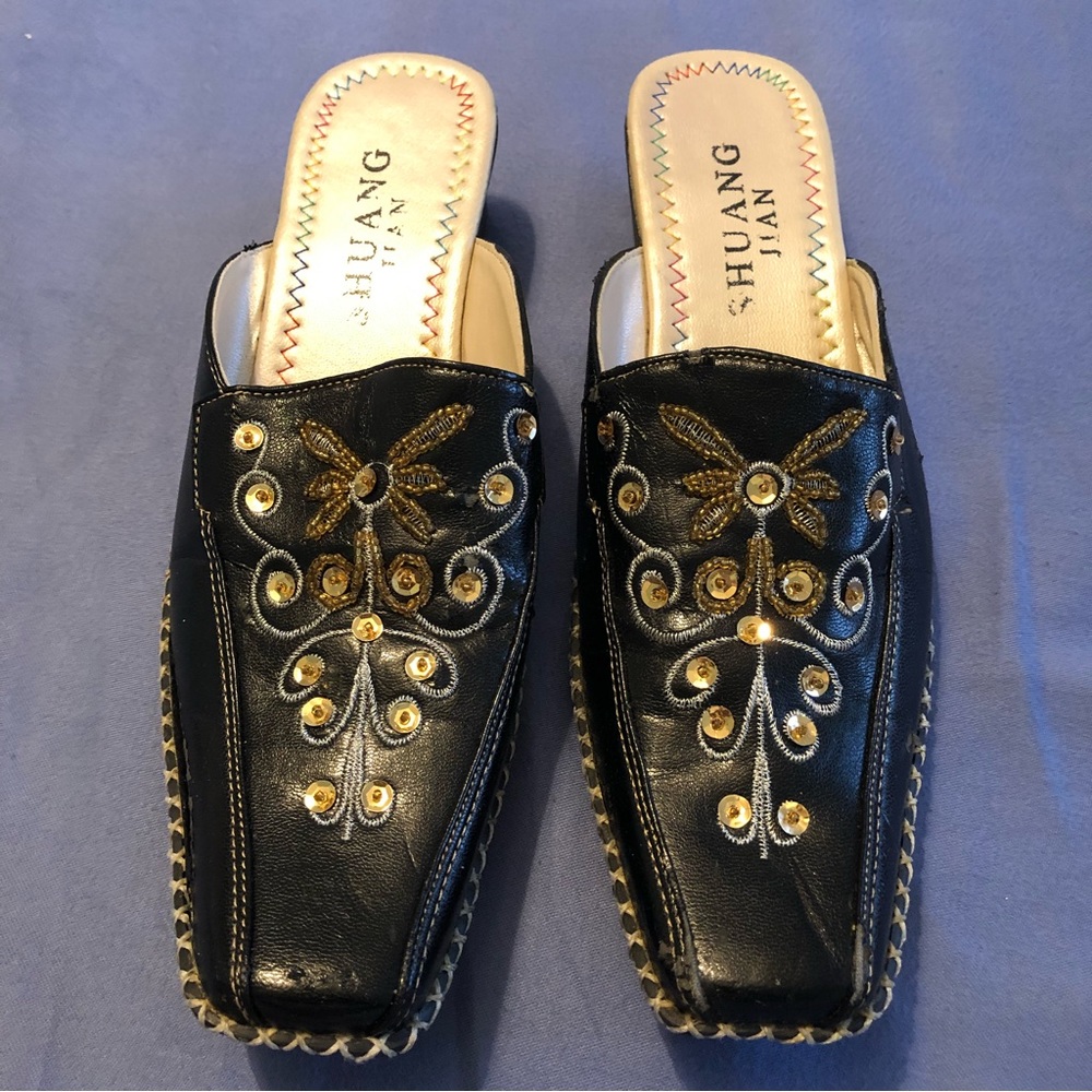 Shuang Square Toe Slip On Wedge Loafer Faux Leather Black with Gold Sequins